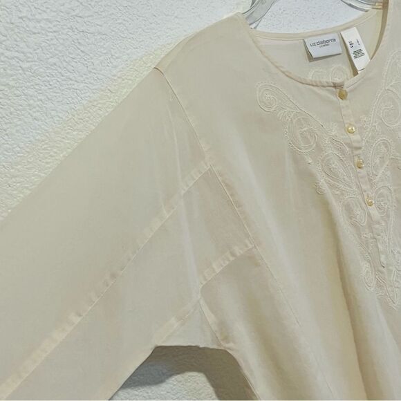 NWOT LIZ CLAIBORNE Neutral Ivory Cotton Embroidered Relaxed Split Neck Tunic L - Picture 4 of 15